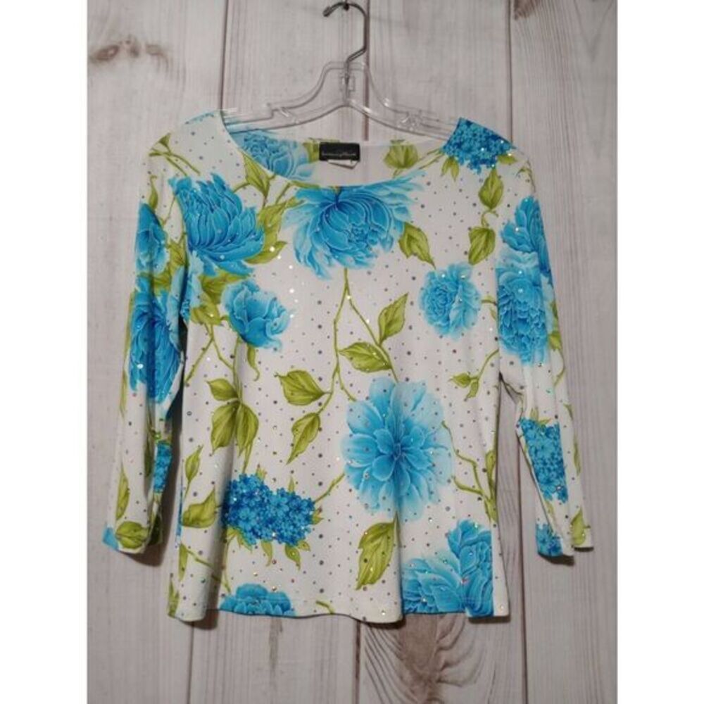 Brittany Black Shirt Ladies Small White Blue Floral Embellished Grandma Gender R